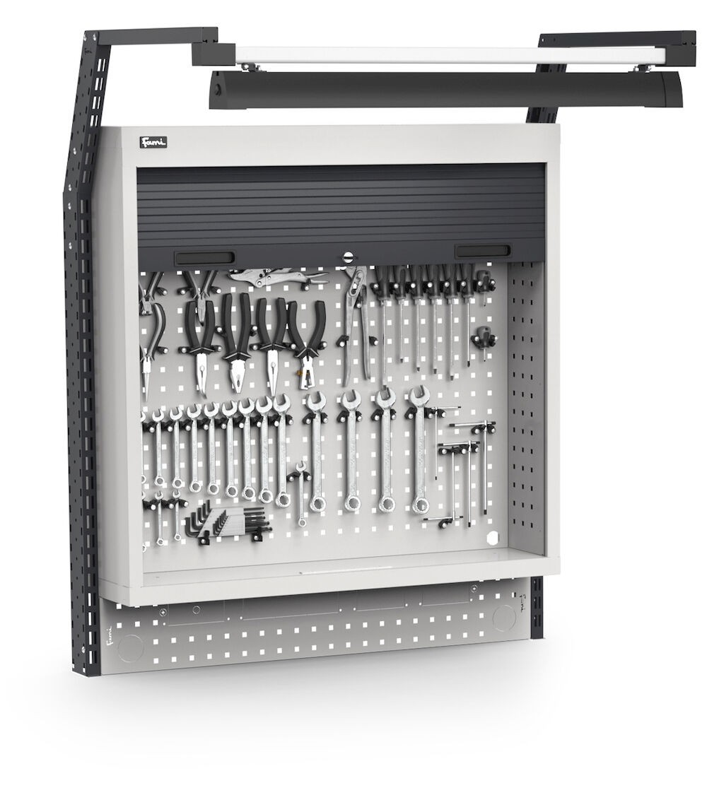 Pannello portautensili con armadio tapparella, con lampada led e ganci Unipok, L1015 x P710 x H1243