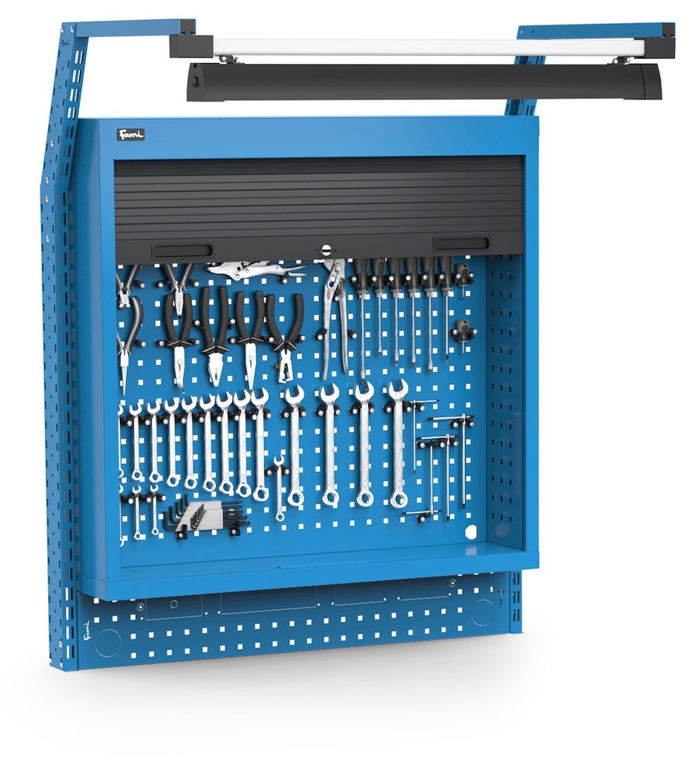 Pannello portautensili con armadio tapparella, led e ganci Unipok, L1015 x P710 x H1243, blu