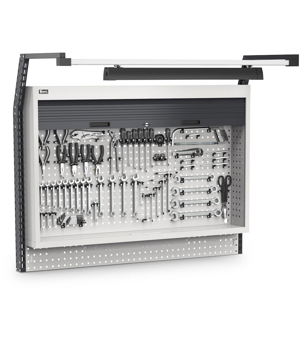 Pannello portautensili con armadio tapparella, led e ganci Unipok