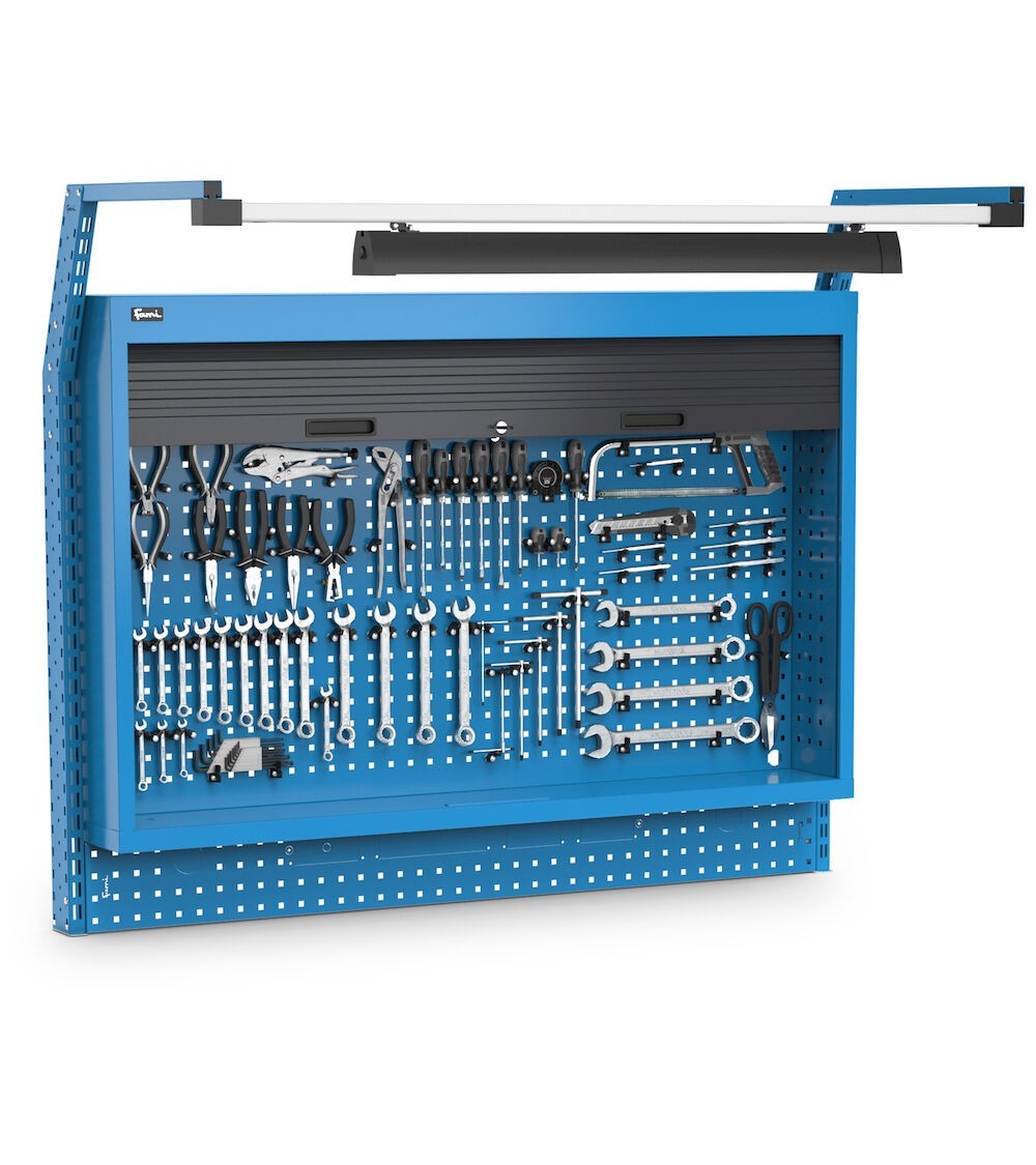 Pannello portautensili con armadio tapparella, led e ganci Unipok,L1500 x P710 x H1243, blu