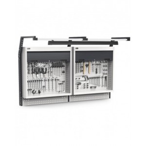 Pannello portautensili con 2 armadi tapparella, led e ganci Unipok, L2000 x P710 x H1243, grigio chiaro e antracite