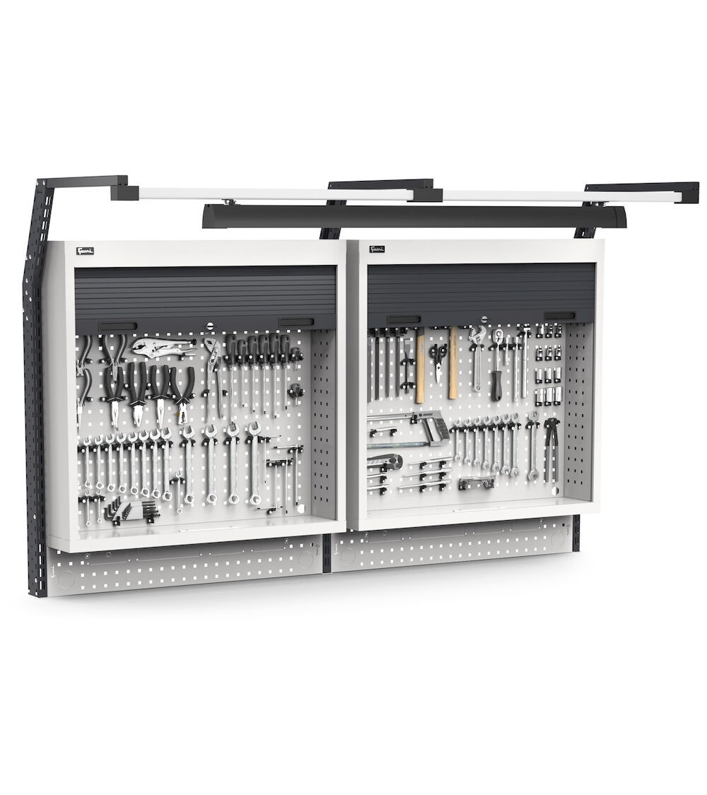 Pannello portautensili con 2 armadi tapparella, led e ganci Unipok, L2000 x P710 x H1243, grigio chiaro e antracite