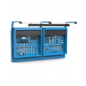 Pannello portautensili con 2 armadi tapparella, led e ganci Unipok, L2000 x P710 x H1243, blu