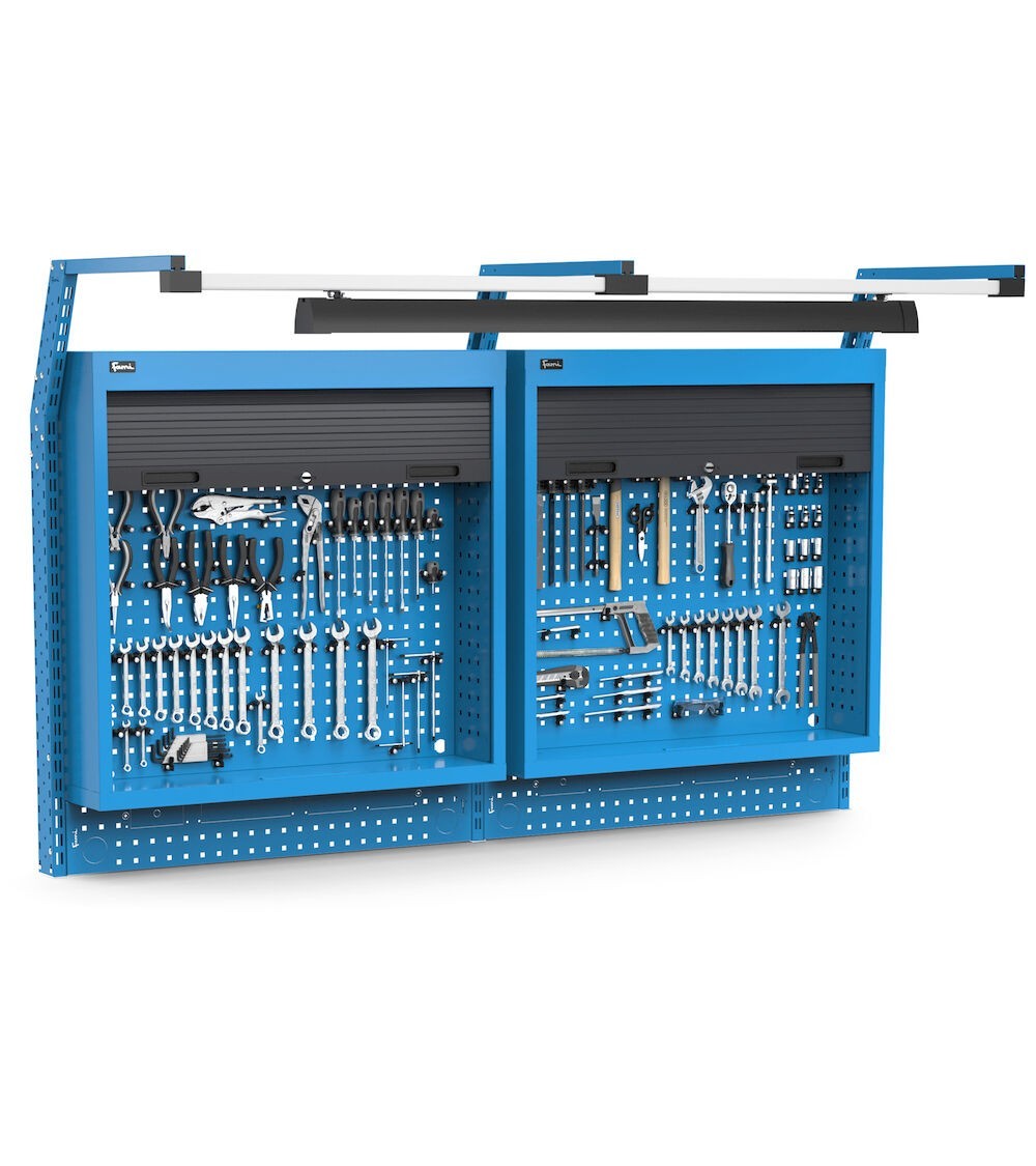 Pannello portautensili con 2 armadi tapparella, led e ganci Unipok, L2000 x P710 x H1243, blu