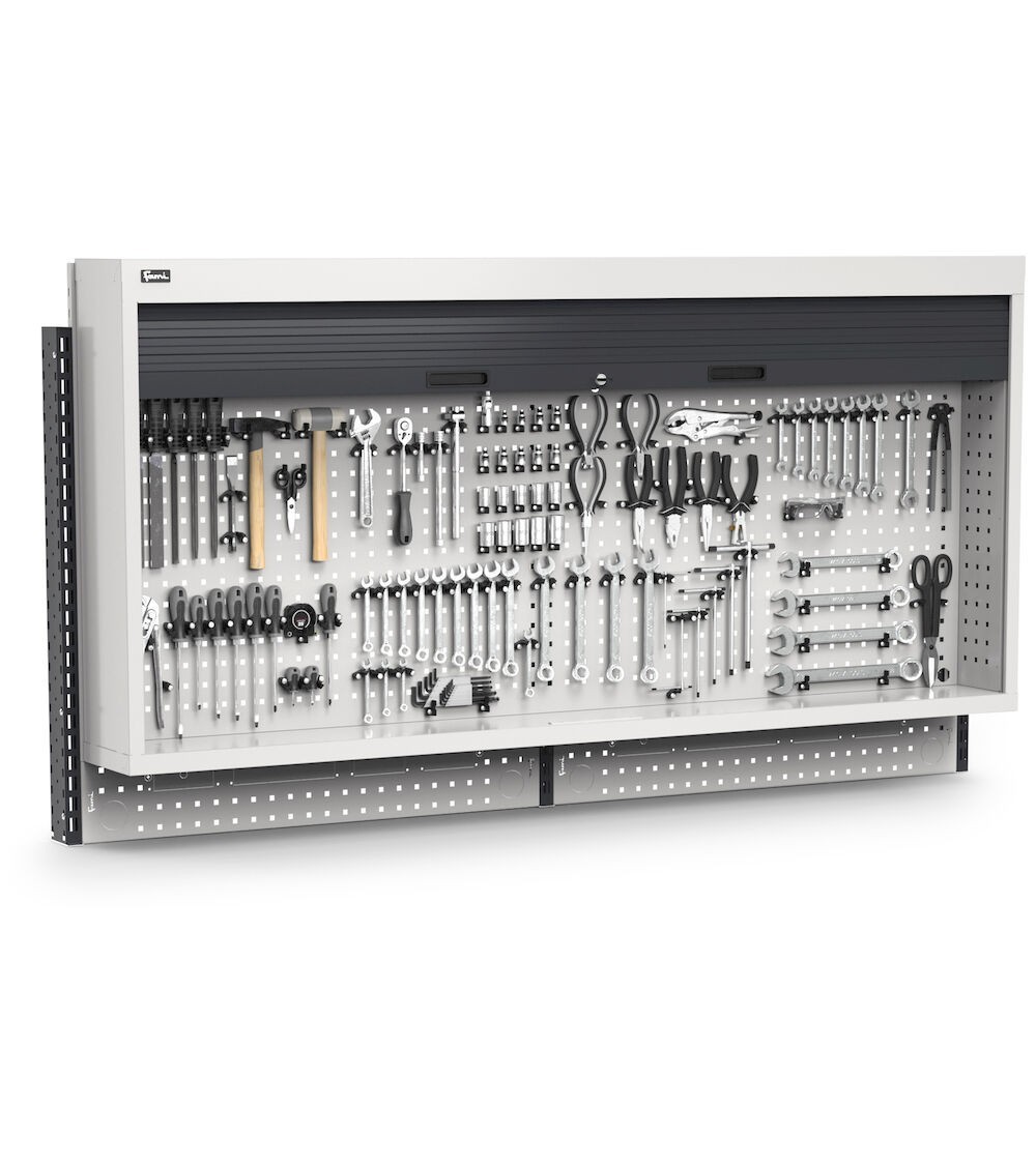 Pannello forato con armadio tapparella e ganci Unipok, L2000 x P300 x H1064, grigio chiaro e antracite