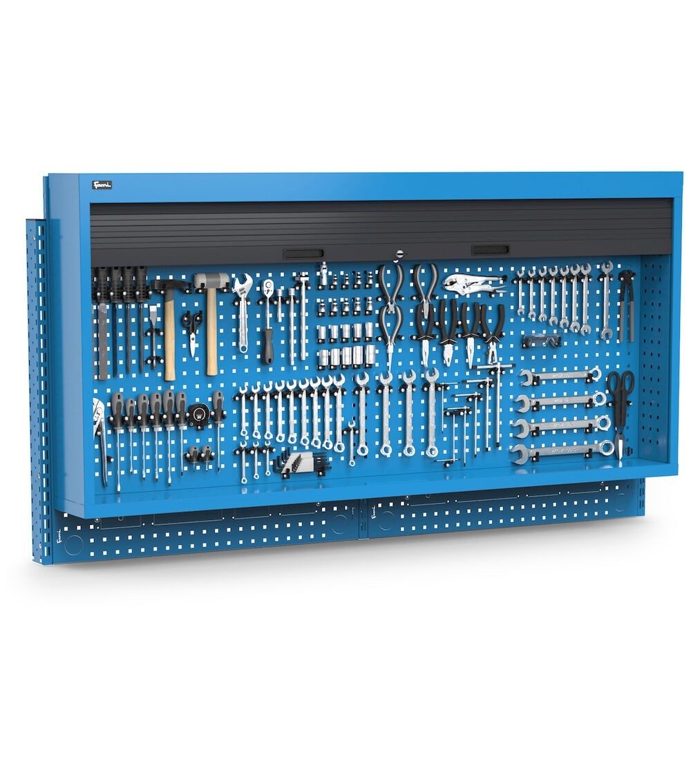 Pannello forato con armadio tapparella e ganci Unipok, L2000 x P300 x H1064, blu