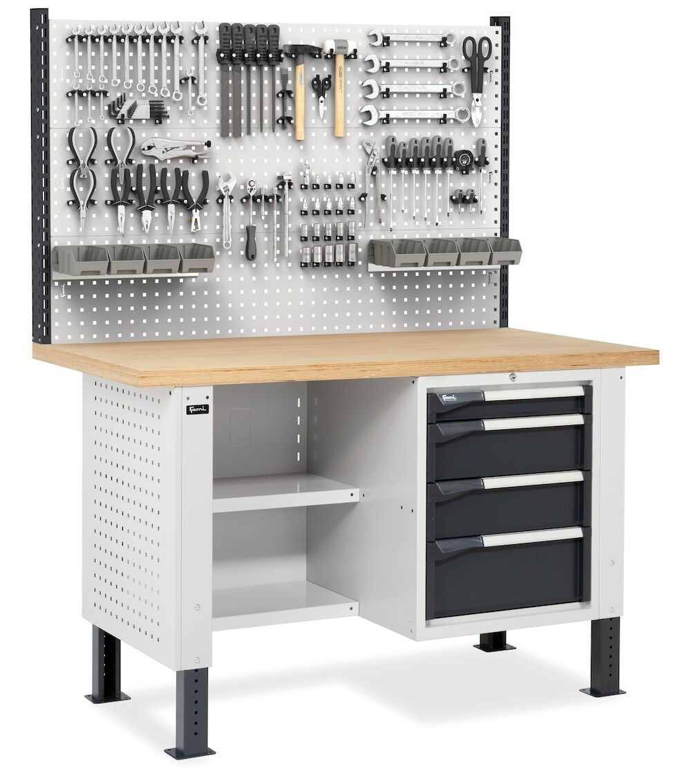 Banco con armadio a 4 cassetti, 2 semipiani e parete forata, MASTERBR1510