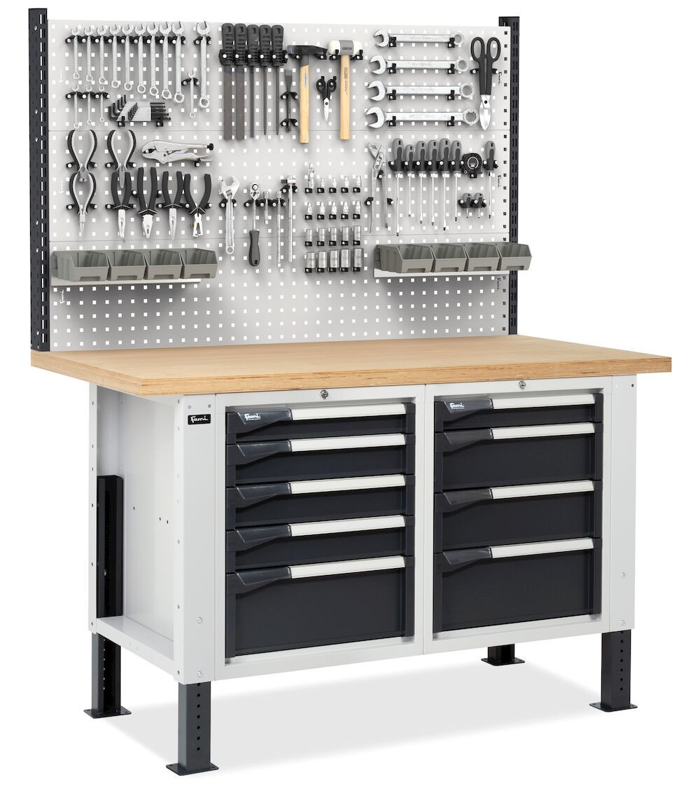 Banco con 2 armadi a 4 e 5 cassetti e parete forata, MASTERBR1512