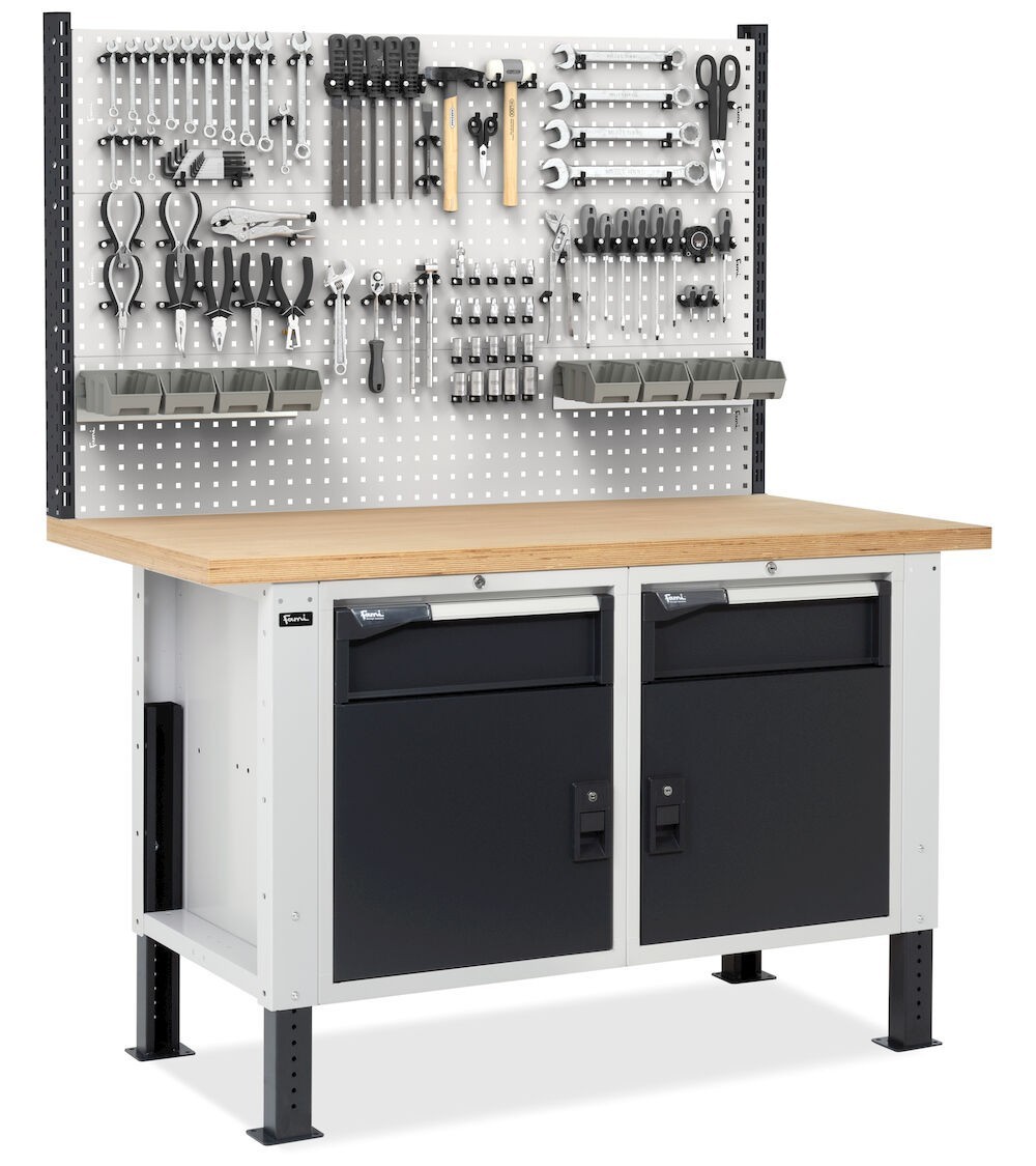 Banco con 2 armadi con 1 cassetto e porta e parete forata, MASTERBR1513