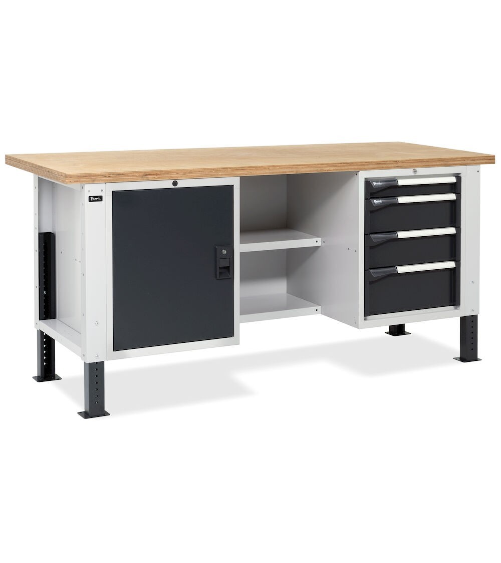 Banco da lavoro MASTERBR2001 con 1 armadio a cassetti con 4 cassetti, 1 armadio con porta e 2 semipiani