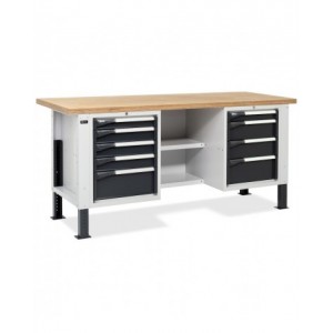 Banco da lavoro MASTERBR2002 con 1 armadio a cassetti con 4 cassetti, 1 armadio con 5 cassetti e 2 semipiani