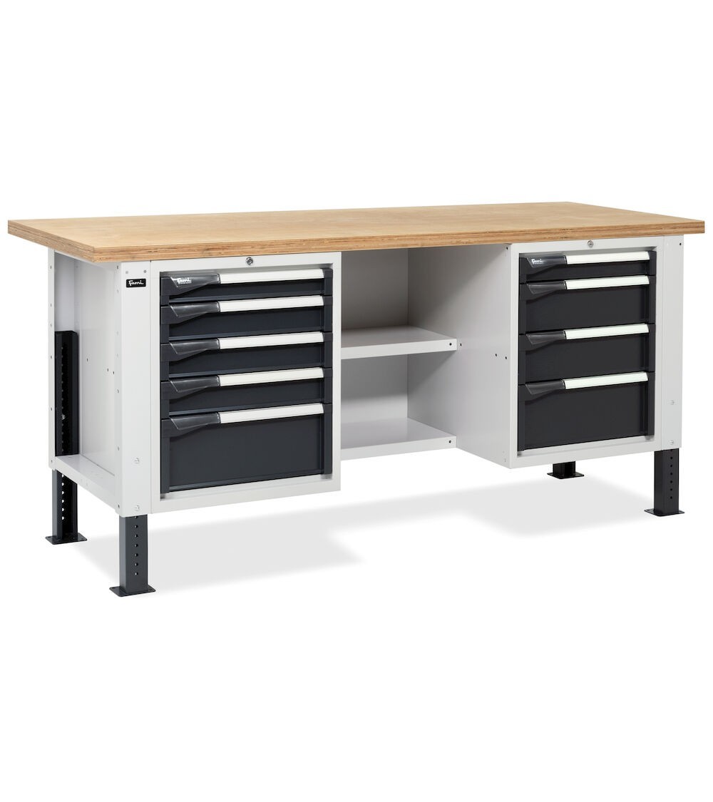 Banco da lavoro MASTERBR2002 con 1 armadio a cassetti con 4 cassetti, 1 armadio con 5 cassetti e 2 semipiani