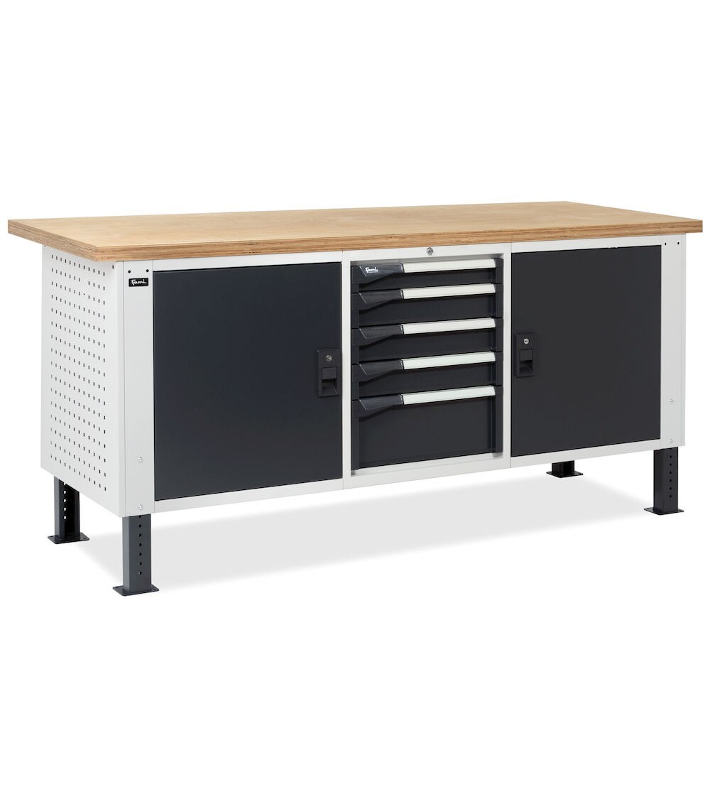 Banco da lavoro MASTERBR2003 con 1 armadio a cassetti con 5 cassetti e 2 armadi con porta