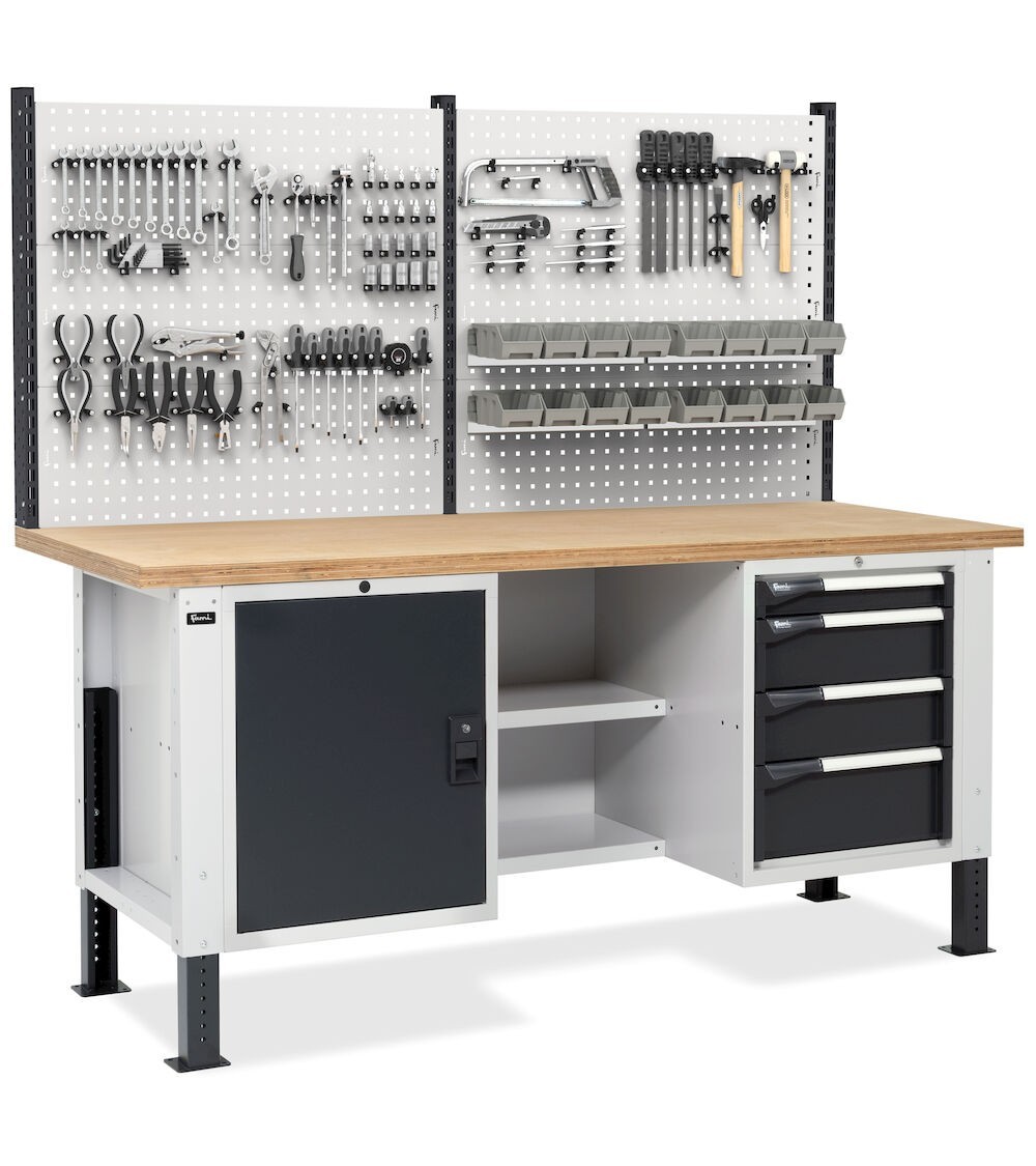 Banco con armadio a 4 cassetti, 1 vano con porta, 2 semipiani e parete forata, MASTERBR2009