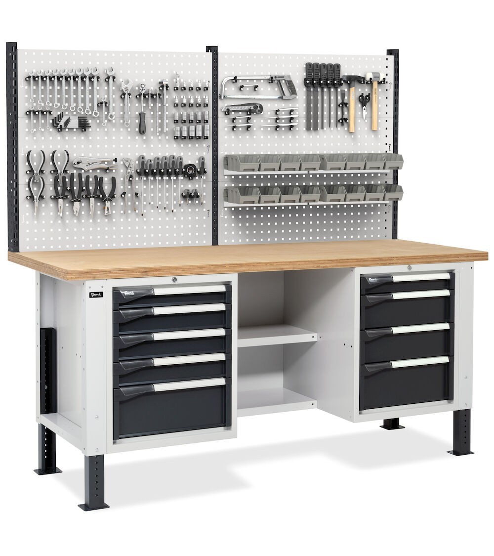 Banco con 2 armadi a 4 e 5 cassetti, 2 semipiani e parete forata, MASTERBR2010