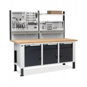 Banco con 3 armadi con 1 cassetto e porta e parete forata, MASTERBR2012