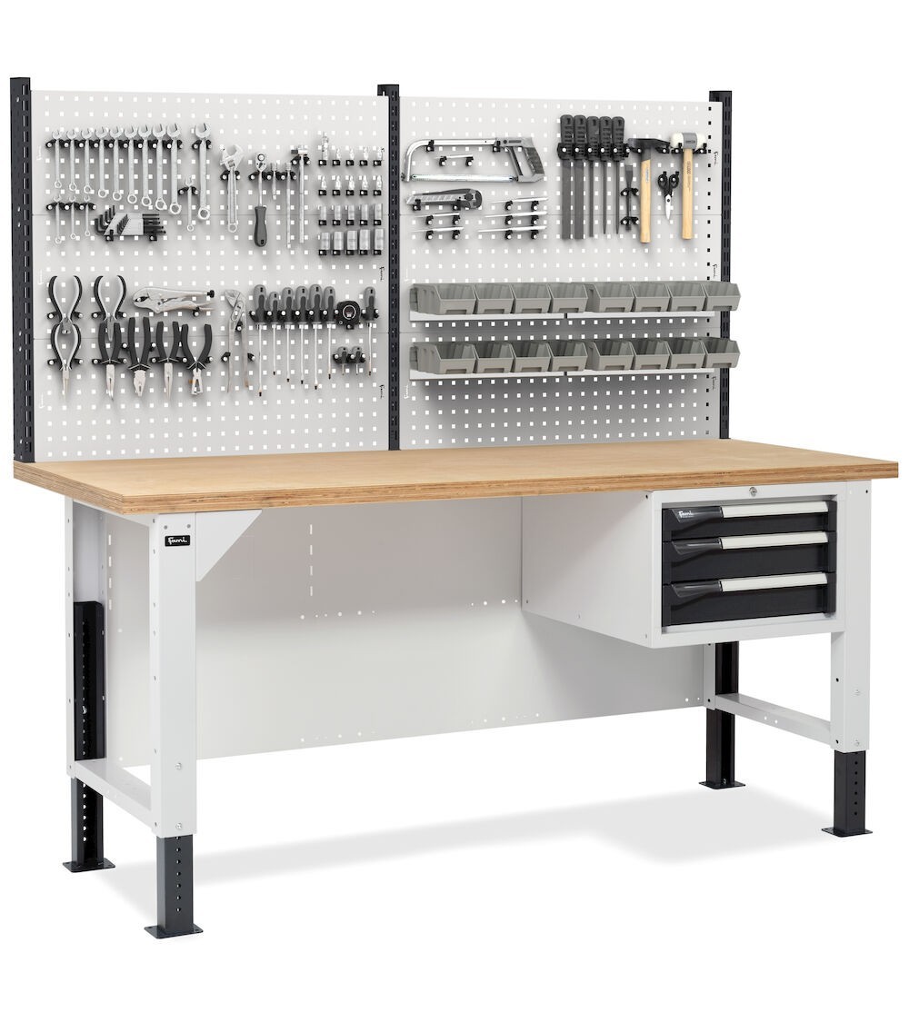 Banco da lavoro con armadio a 3 cassetti e parete forata portautensili, MASTERBR2013