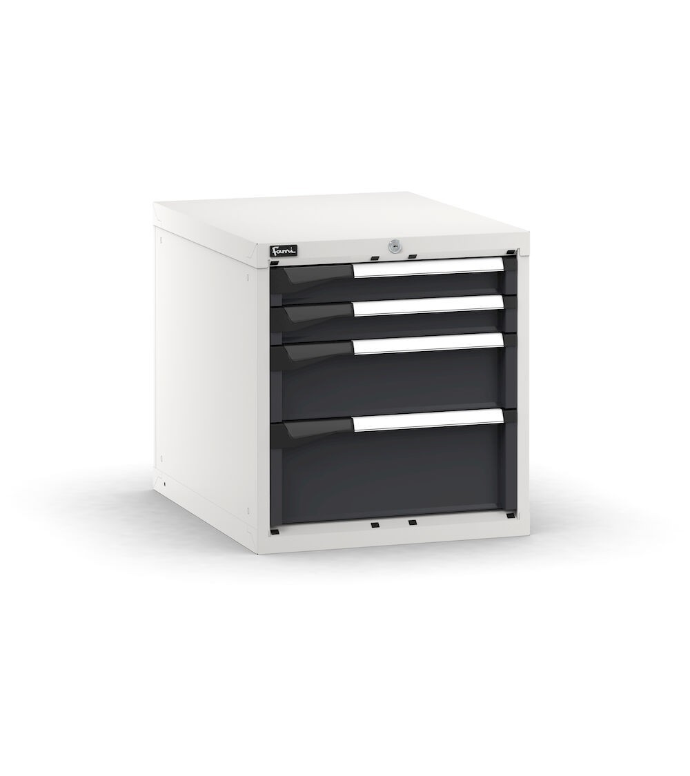 Blocco cassettiera da banco, 4 cassetti 2x75 1x150 1x200, L561 x P726 x H600 mm