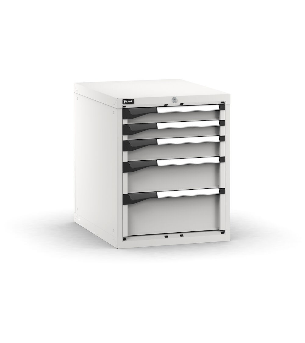 Blocco cassettiera da banco, 5 cassetti  2x75 1x100 1x150 1x200, L561 x P726 x H700 mm