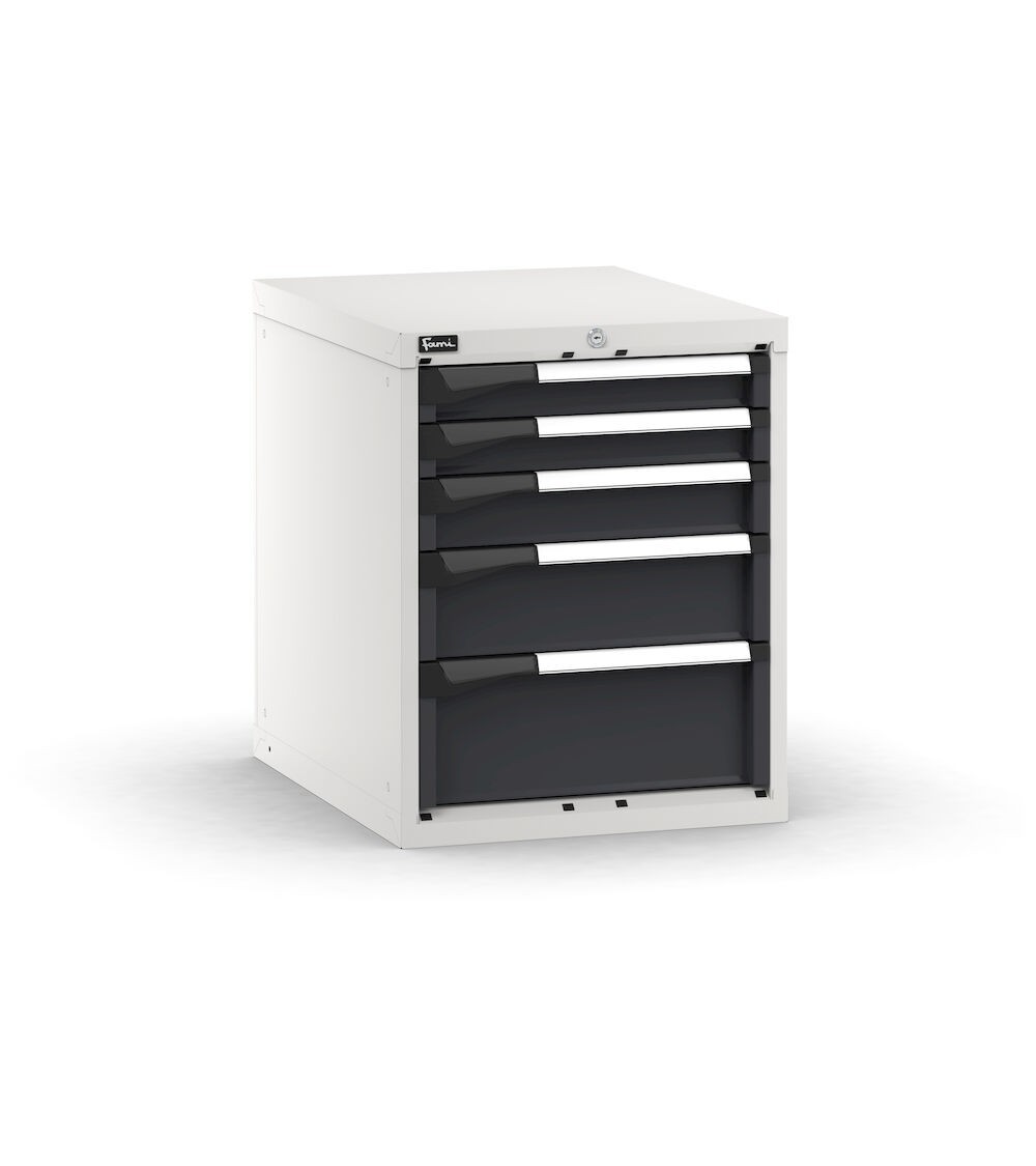 Blocco cassettiera da banco, 5 cassetti  2x75 1x100 1x150 1x200, L561 x P726 x H700 mm