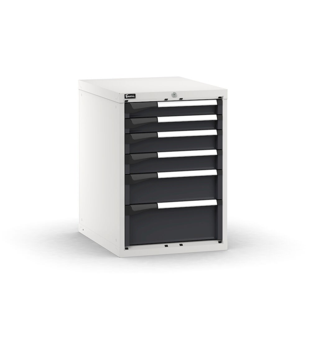 Blocco cassettiera da banco, 6 cassetti  2x75 2x100 1x150 1x200, L561 x P726 x H800 mm