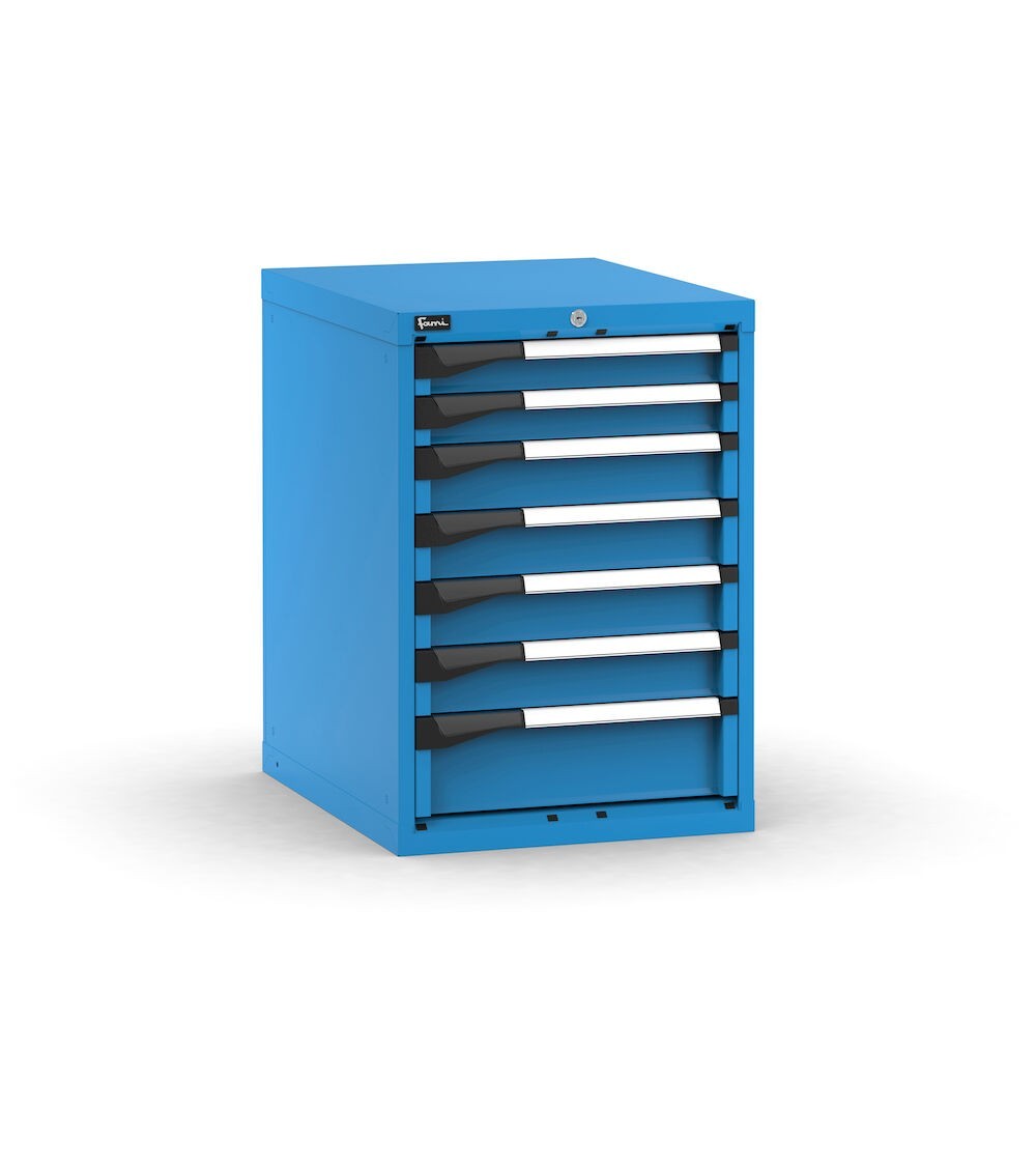 Blocco cassettiera da banco, 7 cassetti  2x75 4x100 1x150, L561 x P726 x H800 mm