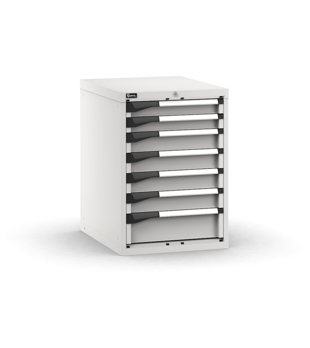 Blocco cassettiera da banco, 7 cassetti  2x75 4x100 1x150, L561 x P726 x H800 mm