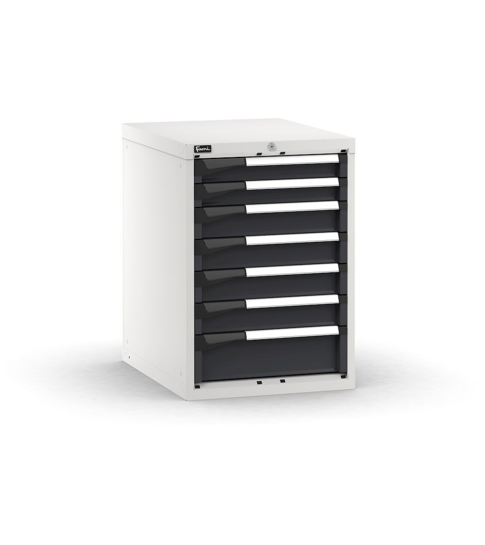 Blocco cassettiera da banco, 7 cassetti  2x75 4x100 1x150, L561 x P726 x H800 mm