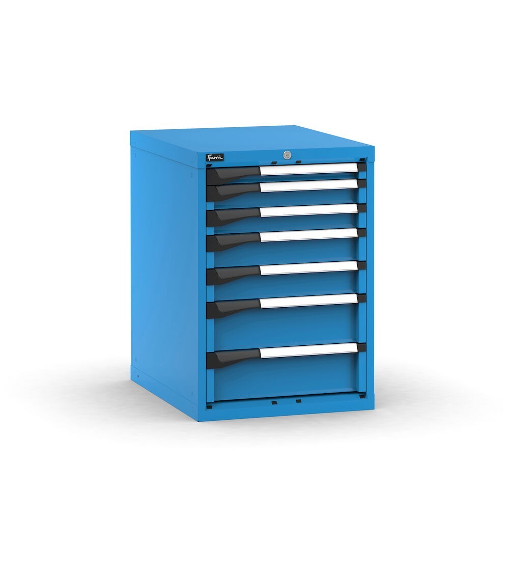 Blocco cassettiera da banco, 7 cassetti  1x50 2x75 2x100 2x150, L561 x P726 x H800 mm