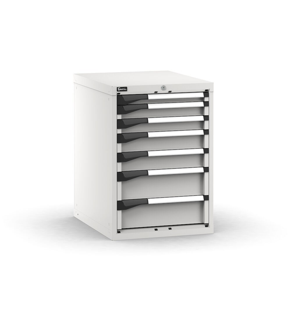 Blocco cassettiera da banco, 7 cassetti  1x50 2x75 2x100 2x150, L561 x P726 x H800 mm