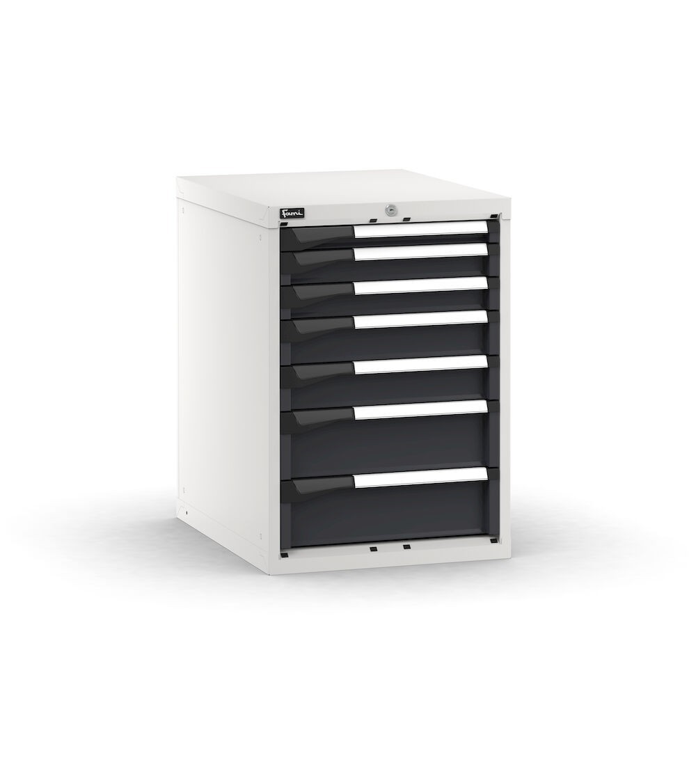 Blocco cassettiera da banco, 7 cassetti  1x50 2x75 2x100 2x150, L561 x P726 x H800 mm