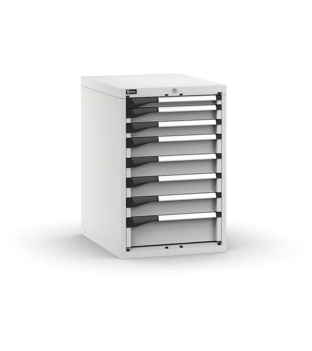 Blocco cassettiera da banco, 8 cassetti 1x50 2x75 4x100 1x150, L561 x P726 x H850 mm