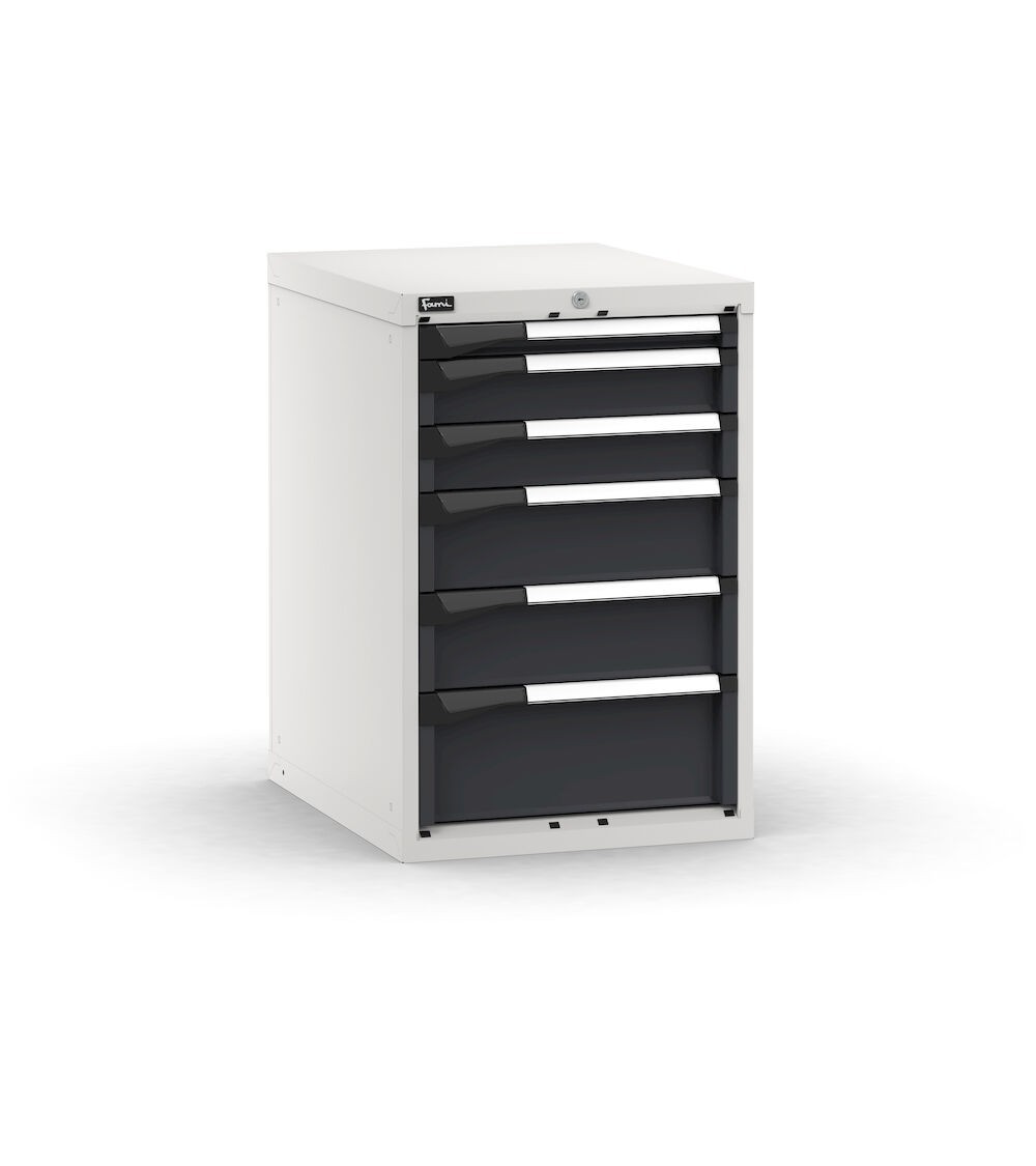 Blocco cassettiera da banco, 6 cassetti  1x50 2x100 2x150 1x200, L561 x P726 x H850 mm