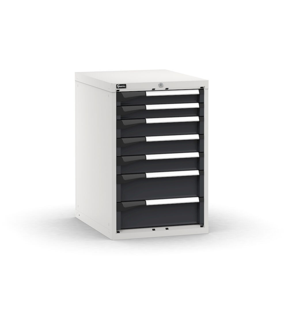 Blocco cassettiera da banco, 7 cassetti 2x75 3x100 2x150, L561 x P726 x H850 mm