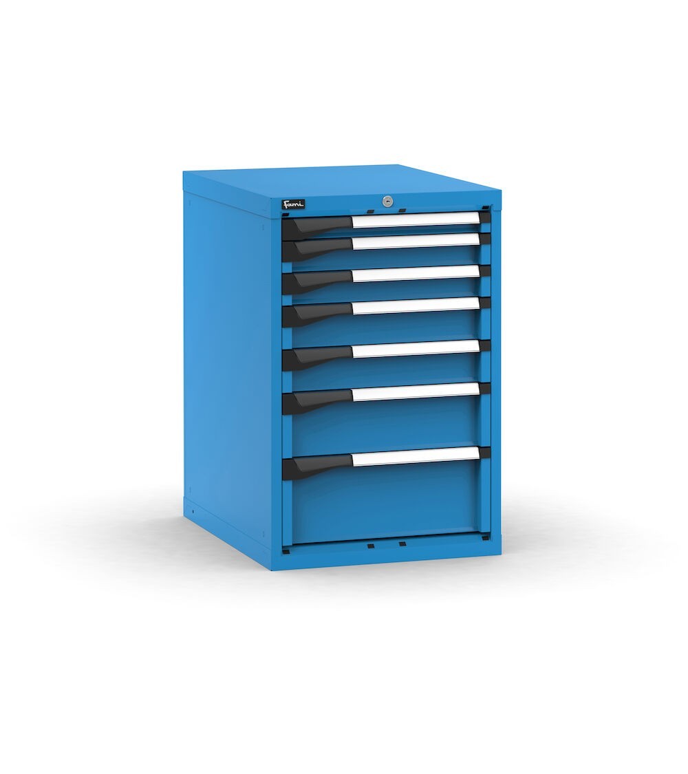 Blocco cassettiera da banco, 7 cassetti 1x50 2x75 2x100 1x150 1x200, L561 x P726 x H850 mm