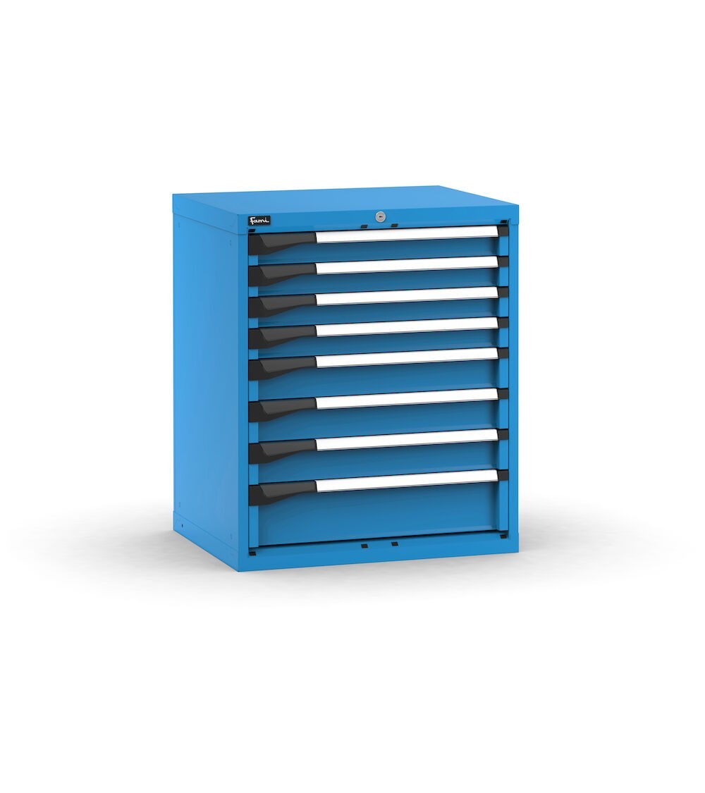 Blocco cassettiera da banco, 8 cassetti 4x75 3x100 1x150, L714 x P573 x H850 mm