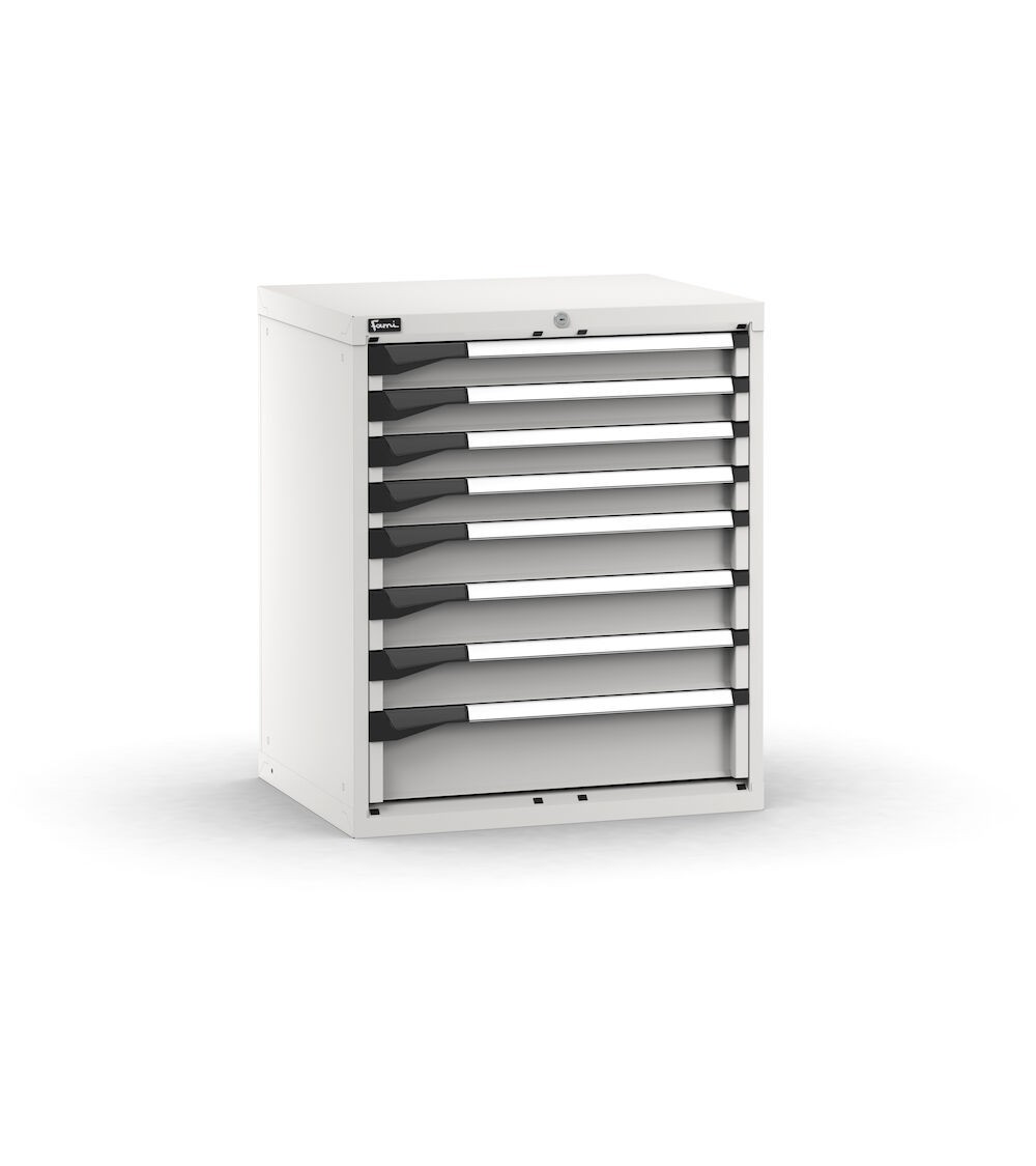 Blocco cassettiera da banco, 8 cassetti 4x75 3x100 1x150, L714 x P573 x H850 mm