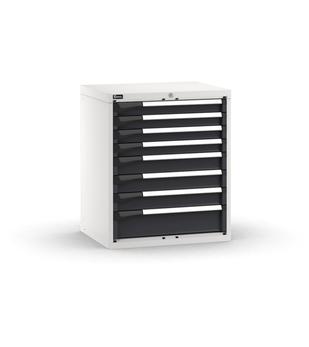 Blocco cassettiera da banco, 8 cassetti 4x75 3x100 1x150, L714 x P573 x H850 mm