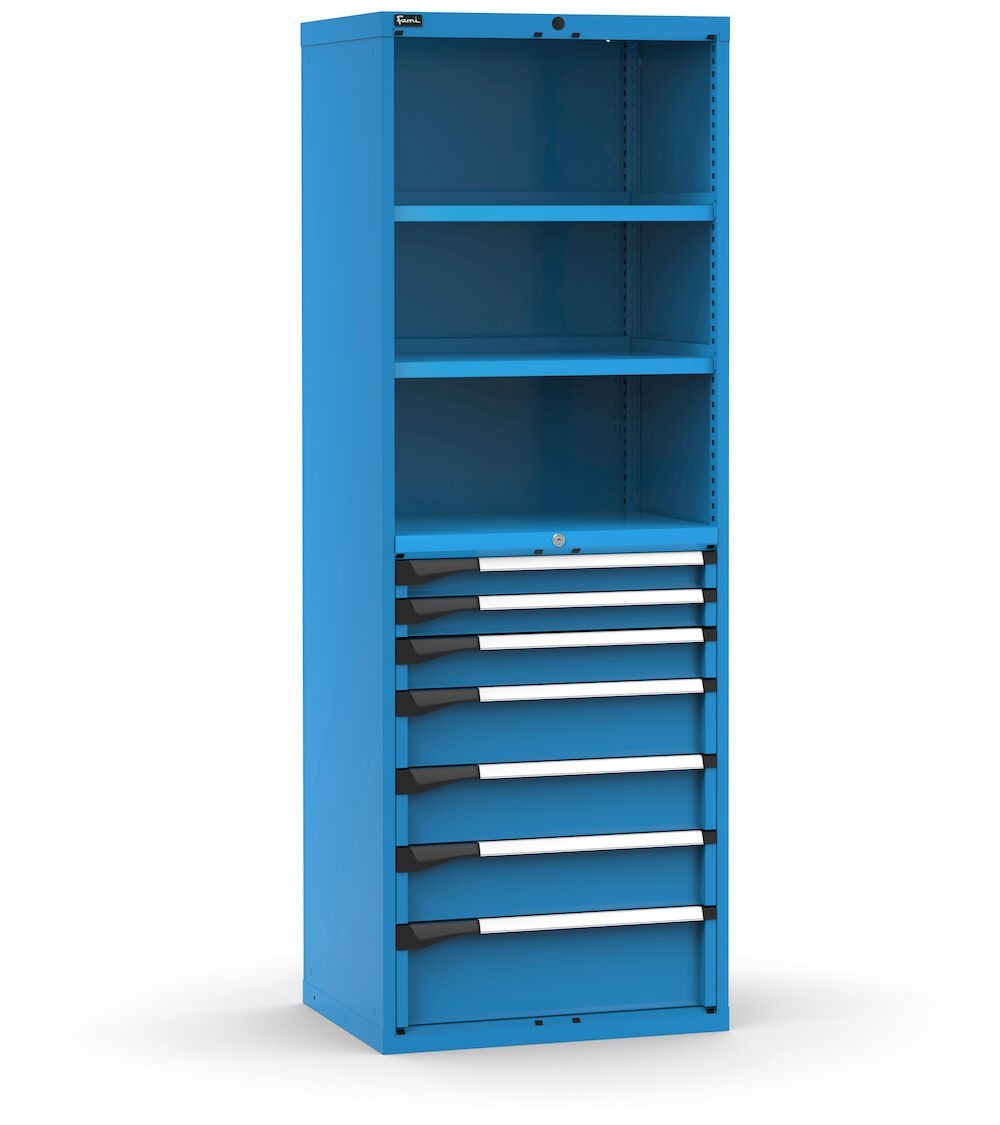 Armadio portautensili a 7 cassetti e 2 piani regolabili, L714 x P573 x H2000 mm