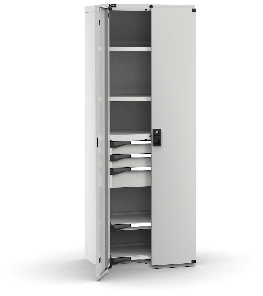 Armadio portautensili con porte a 3 cassetti, 2 piani regolabili, 2 piani estraibili, L714 x P573 x H2000 mm