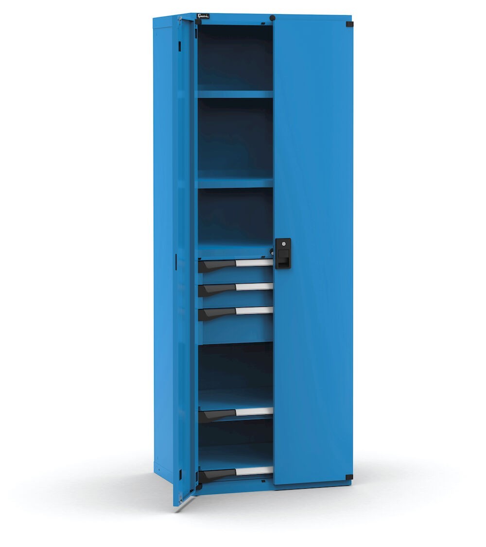 Armadio portautensili con porte a 3 cassetti, 2 piani regolabili, 2 piani estraibili, L714 x P573 x H2000 mm