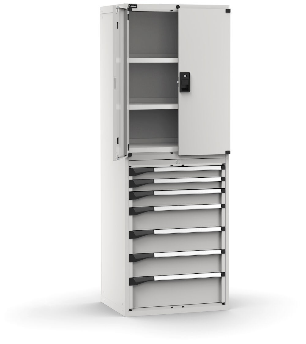 Armadio portautensili con porte a 7 cassetti, 3 piani regolabili, L714 x P573 x H2000 mm