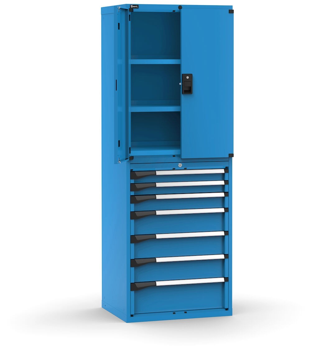 Armadio portautensili con porte a 7 cassetti, 3 piani regolabili, L714 x P573 x H2000 mm