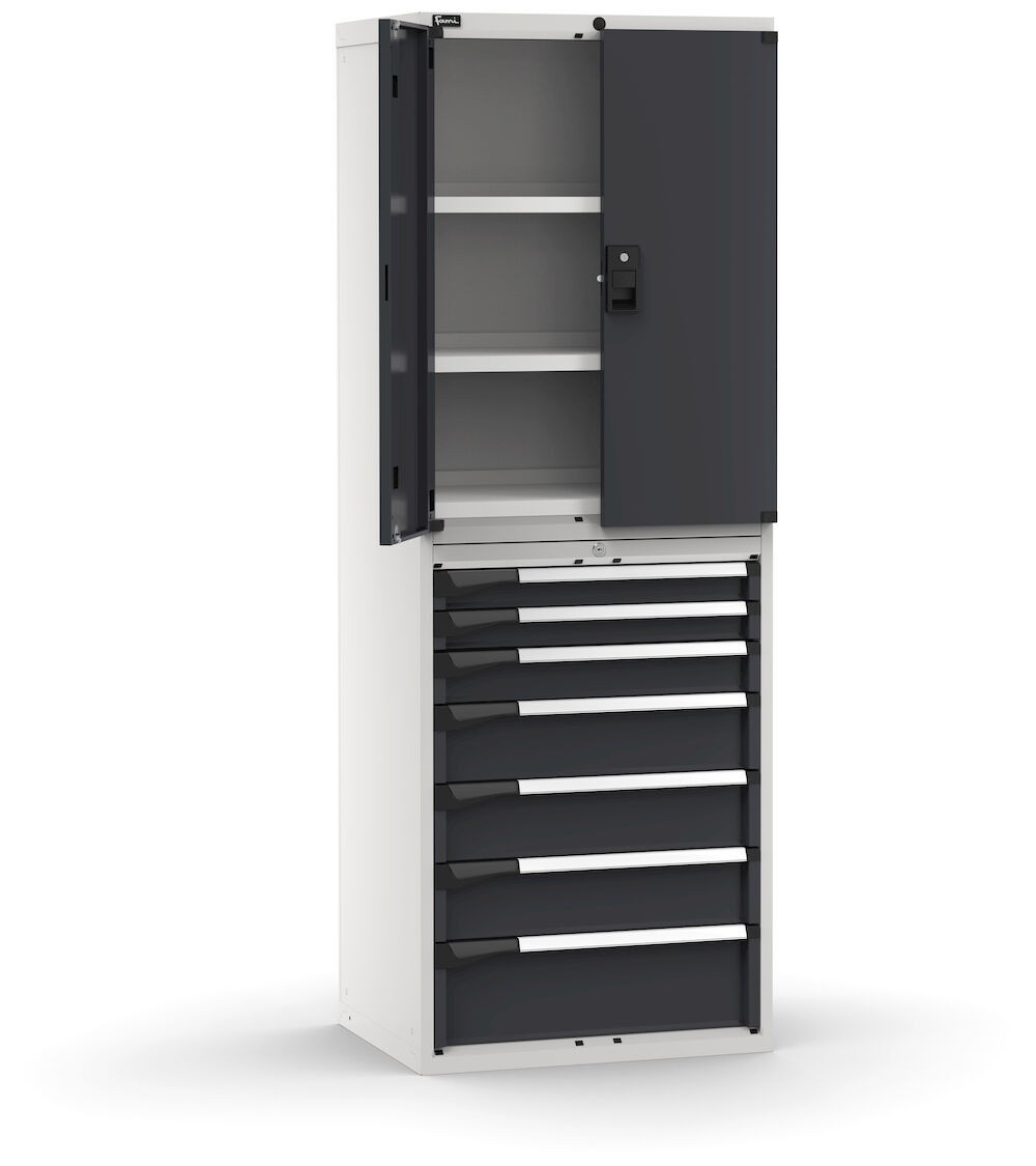 Armadio portautensili con porte a 7 cassetti, 3 piani regolabili, L714 x P573 x H2000 mm