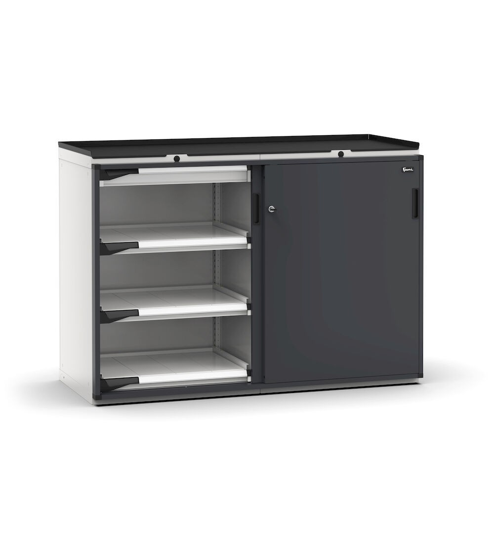 Armadietto portautensili con 2 ante scorrevoli, 2 cassetti, 6 piani estraibili, L714 x P573 x H1022 mm