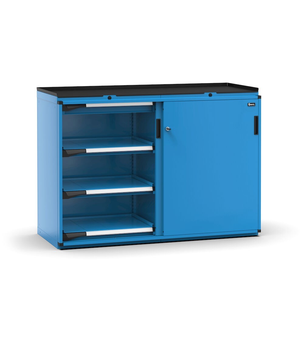 Armadietto portautensili con 2 ante scorrevoli, 2 cassetti, 6 piani estraibili, L714 x P573 x H1022 mm