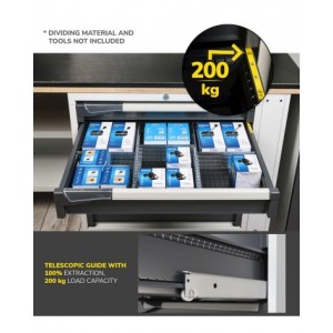 Armadietto portautensili con 2 ante scorrevoli, 4 cassetti e 2 piani ad estrazione telescopica, L714 x P573 x H1022 mm