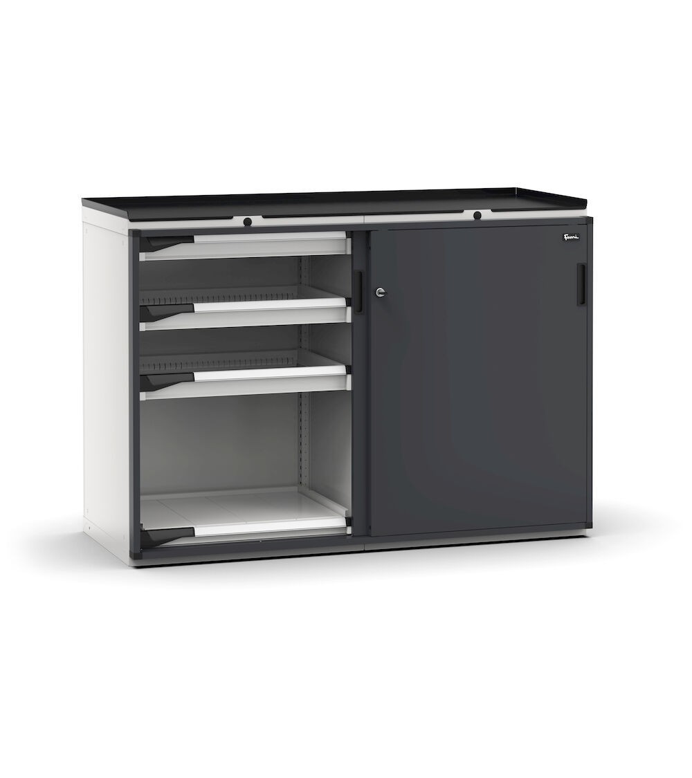 Armadietto portautensili con 2 ante scorrevoli, 6 cassetti, 2 piani estraibili, L714 x P573 x H1022 mm