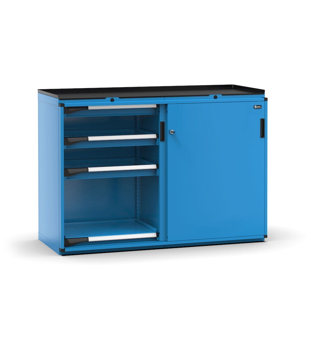 Armadietto portautensili con 2 ante scorrevoli, 6 cassetti, 2 piani estraibili, L714 x P573 x H1022 mm