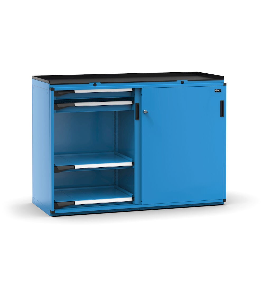 Armadietto portautensili con 2 ante scorrevoli, 4 cassetti, 4 piani estraibili, L714 x P573 x H1022 mm